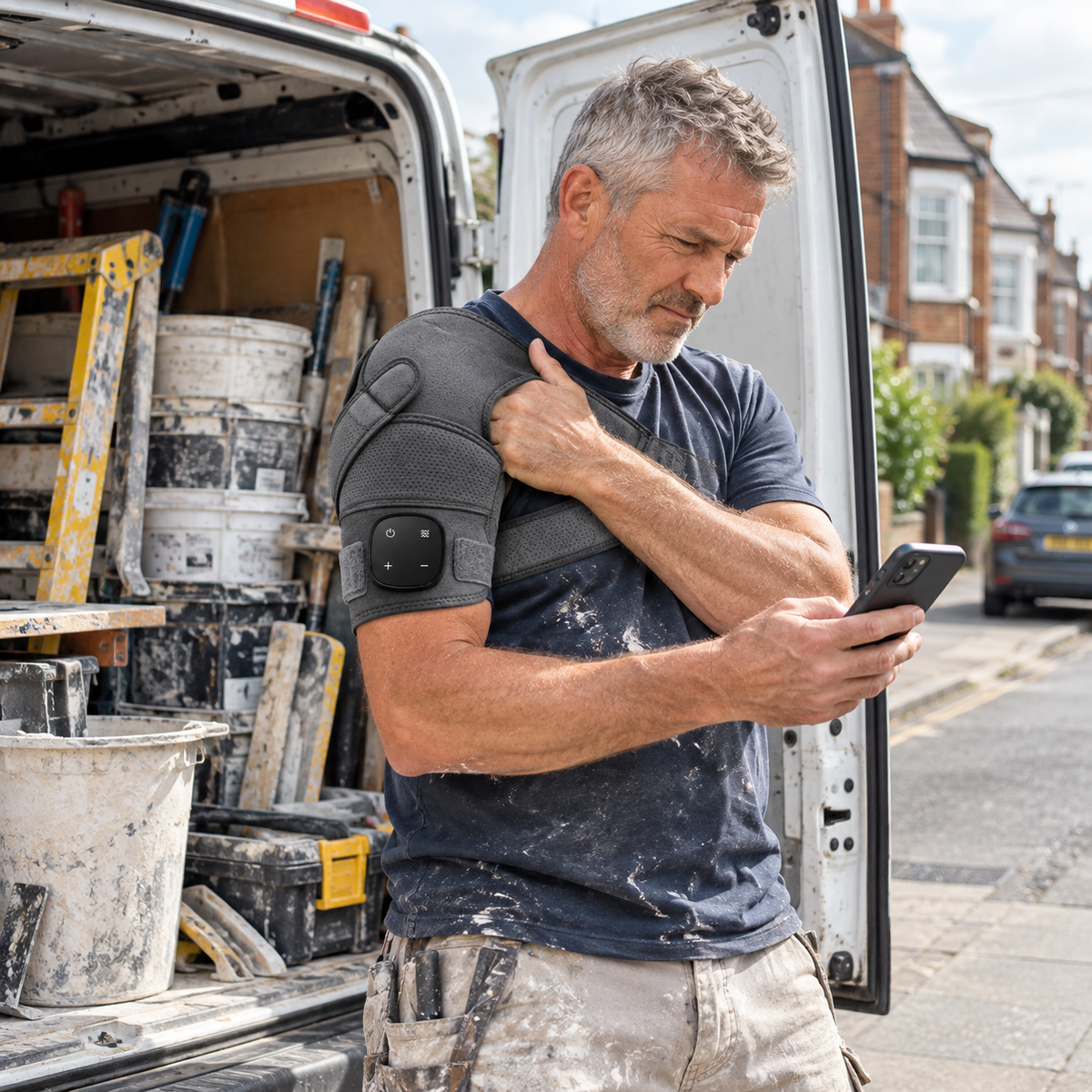 A white work van parked on a British residential street in daylight, back doors open showing neatly stacked plastering tools, buckets and a stepladder. A 55-year-old tradesman in work clothes stands beside it holding his right shoulder with his left hand, looking at his phone calendar with a worried expression. Overcast but bright UK daylight.