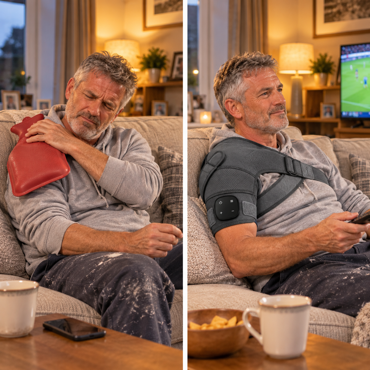 Left panel: a tired 57-year-old British man in a grey hoodie on a sofa, a hot water bottle slipping off his shoulder, slightly frustrated expression. Right panel: the same man relaxed on the same sofa, a dark grey heated shoulder wrap on his shoulder, hands free holding a TV remote, football on the TV in the background, calm expression