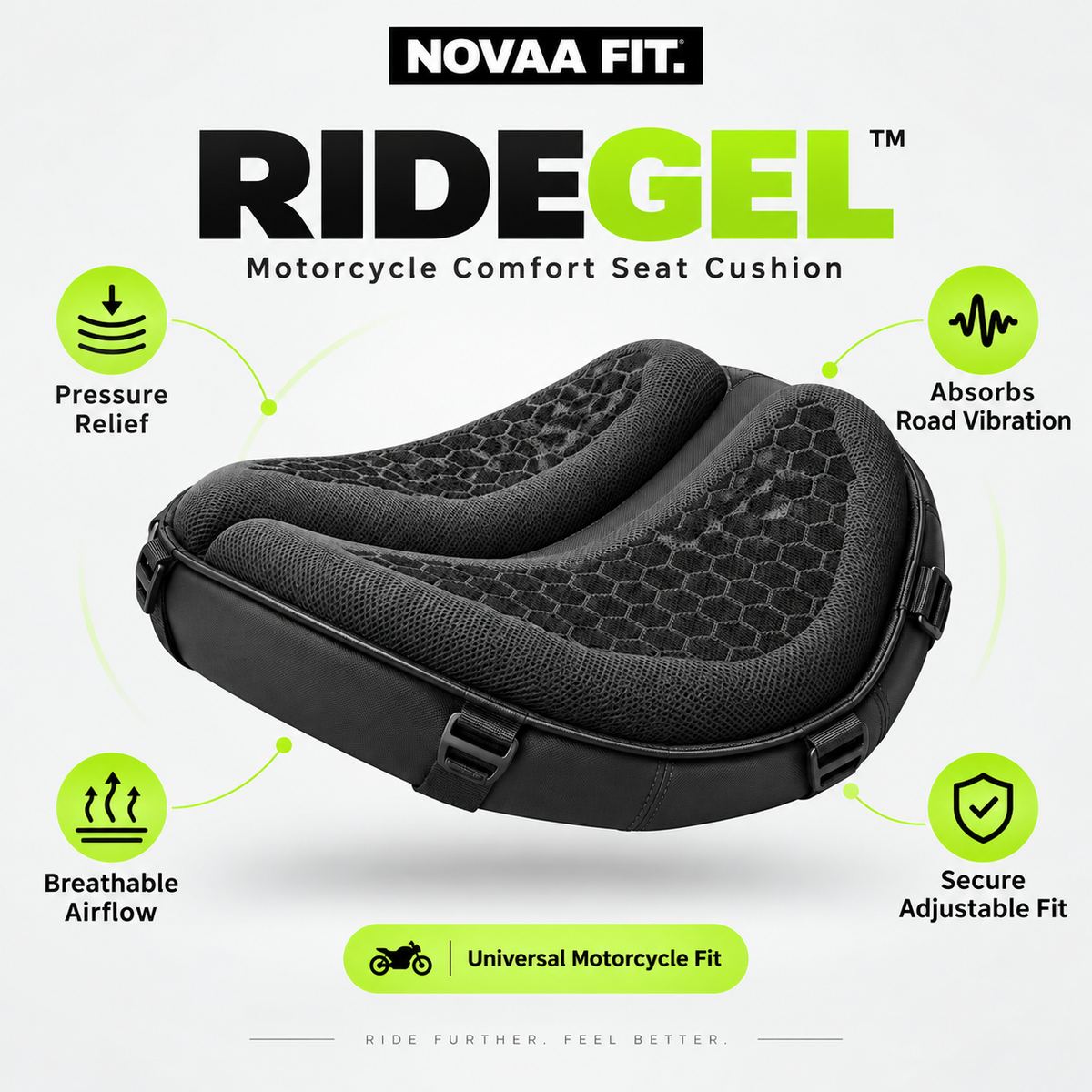 RideGel™. Motorcycle Comfort Seat Cushion