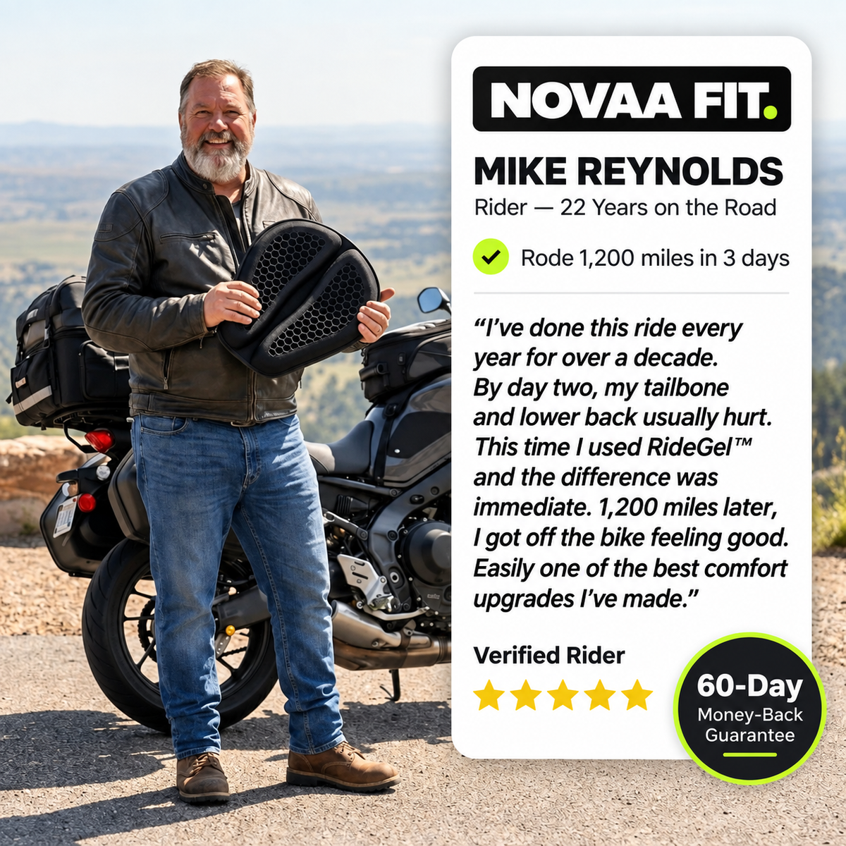 RideGel™. Motorcycle Comfort Seat Cushion