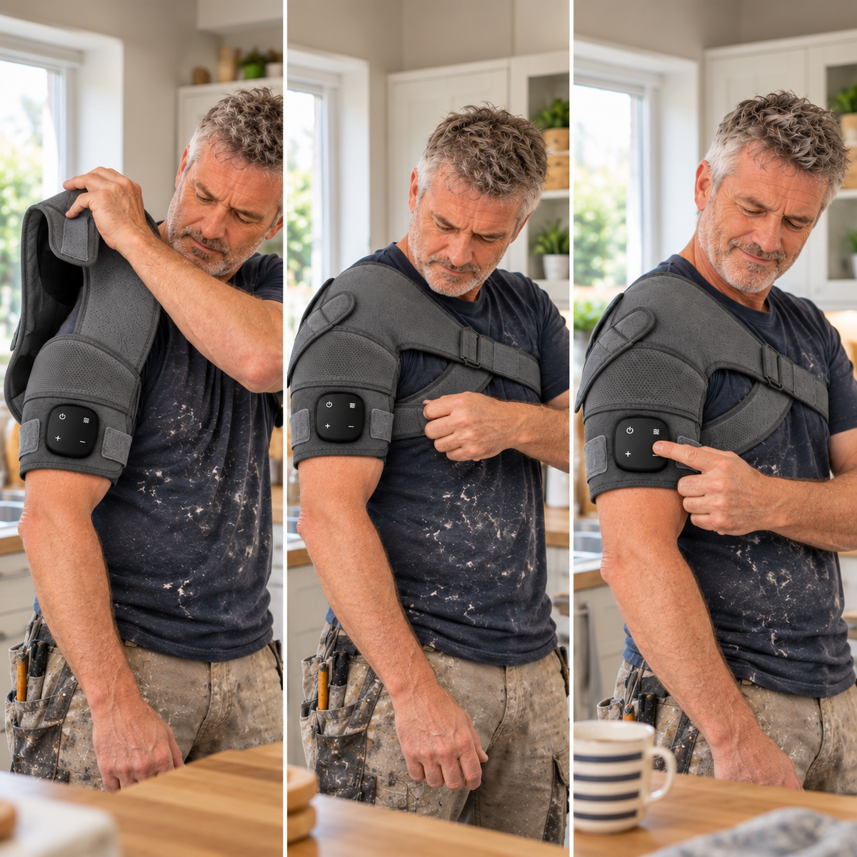 Sequence of three photos in one horizontal strip: 1) a 57-year-old British tradesman in a work t-shirt places a dark grey shoulder wrap over his right shoulder using only his left hand, 2) he fastens the strap under his arm with his left hand while his right arm stays relaxed at his side, 3) he presses a button on the wrap with his thumb and smiles slightly. Kitchen setting, bright daylight.