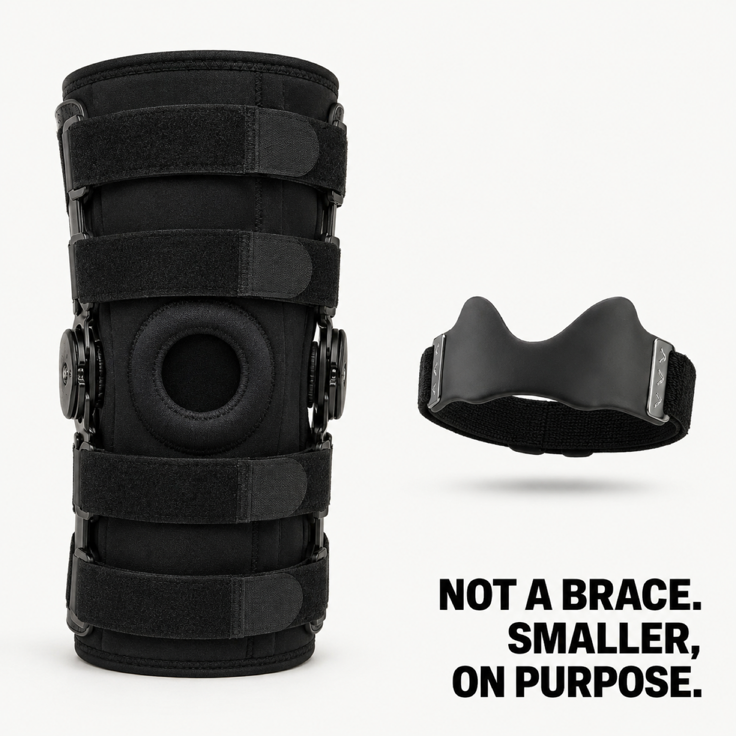 Bulky hinged knee brace next to the small Novaa Fit Precision Knee Strap: not a brace, smaller on purpose