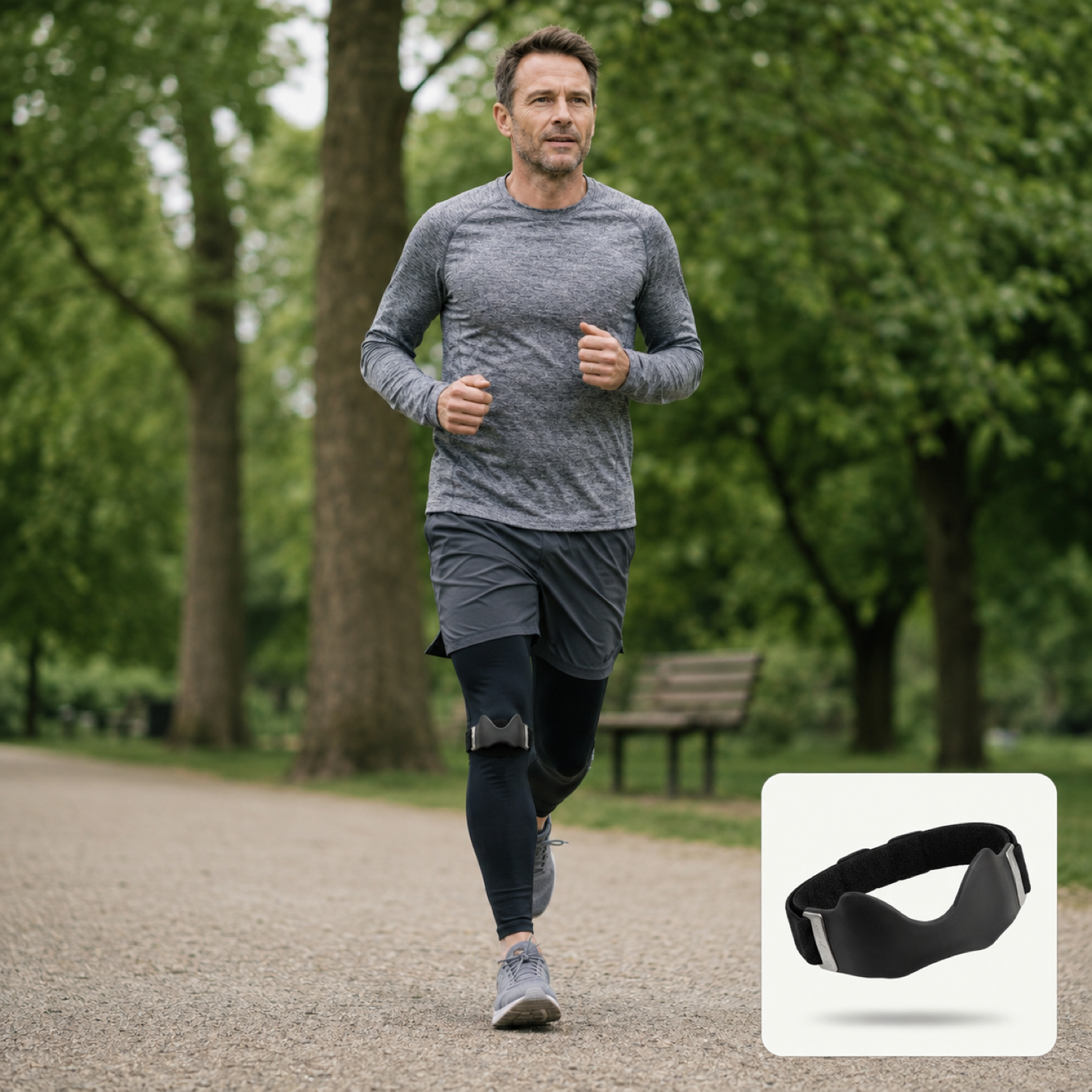 Running in the park with the OneSpot strap over leggings, product inset