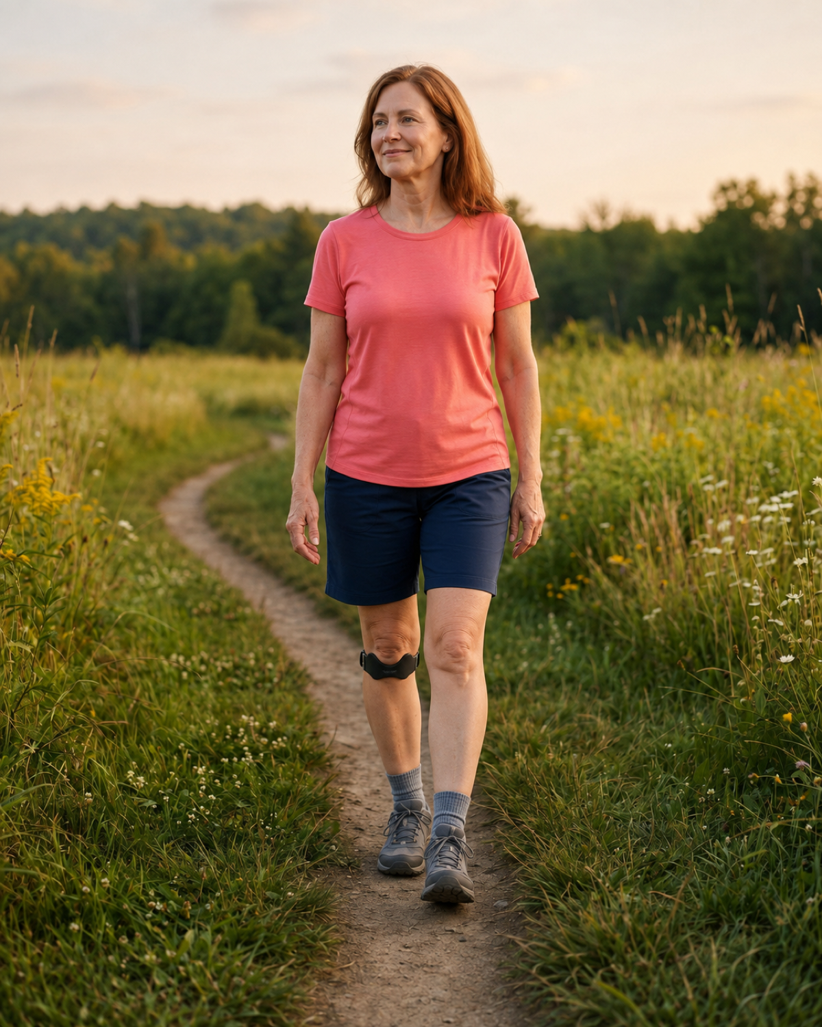 Woman in her fifties walking through a meadow wearing the Novaa Fit Precision Knee Strap