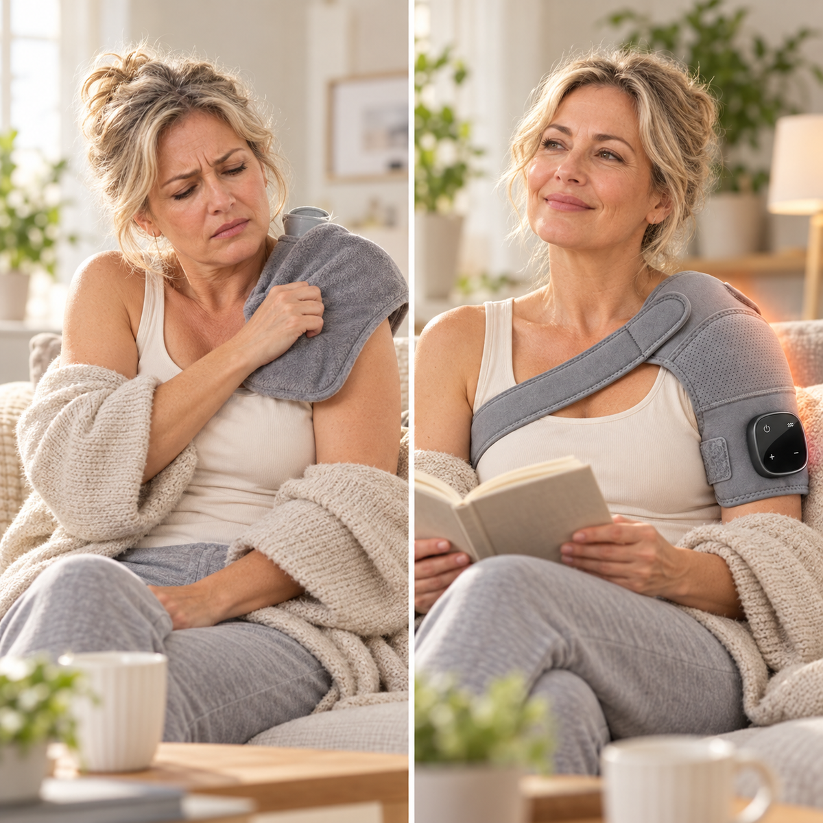 Deux images côte à côte. À gauche : une bouillotte ou un heat pack qui glisse de l'épaule, mine fatiguée. À droite : la même femme assise détendue avec le wrap allumé, les mains libres.