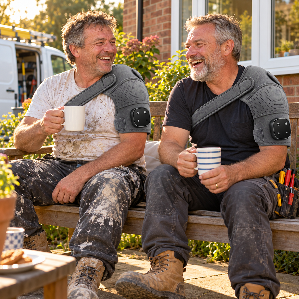 Two British tradesmen in their 50s, a plasterer and an electrician, sitting on a garden bench outside a house after work, both laughing, each wearing a dark grey shoulder wrap, mugs of tea, work boots, van slightly visible in the background.