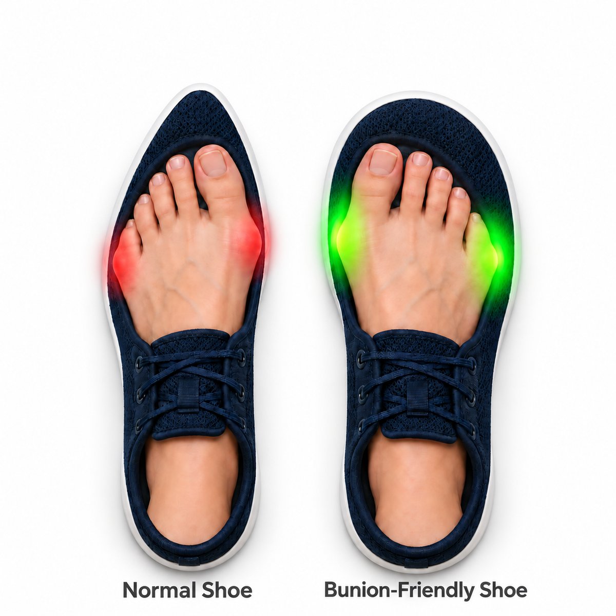 Narrow shoe squeezing a bunion compared with a wide toe box with more room