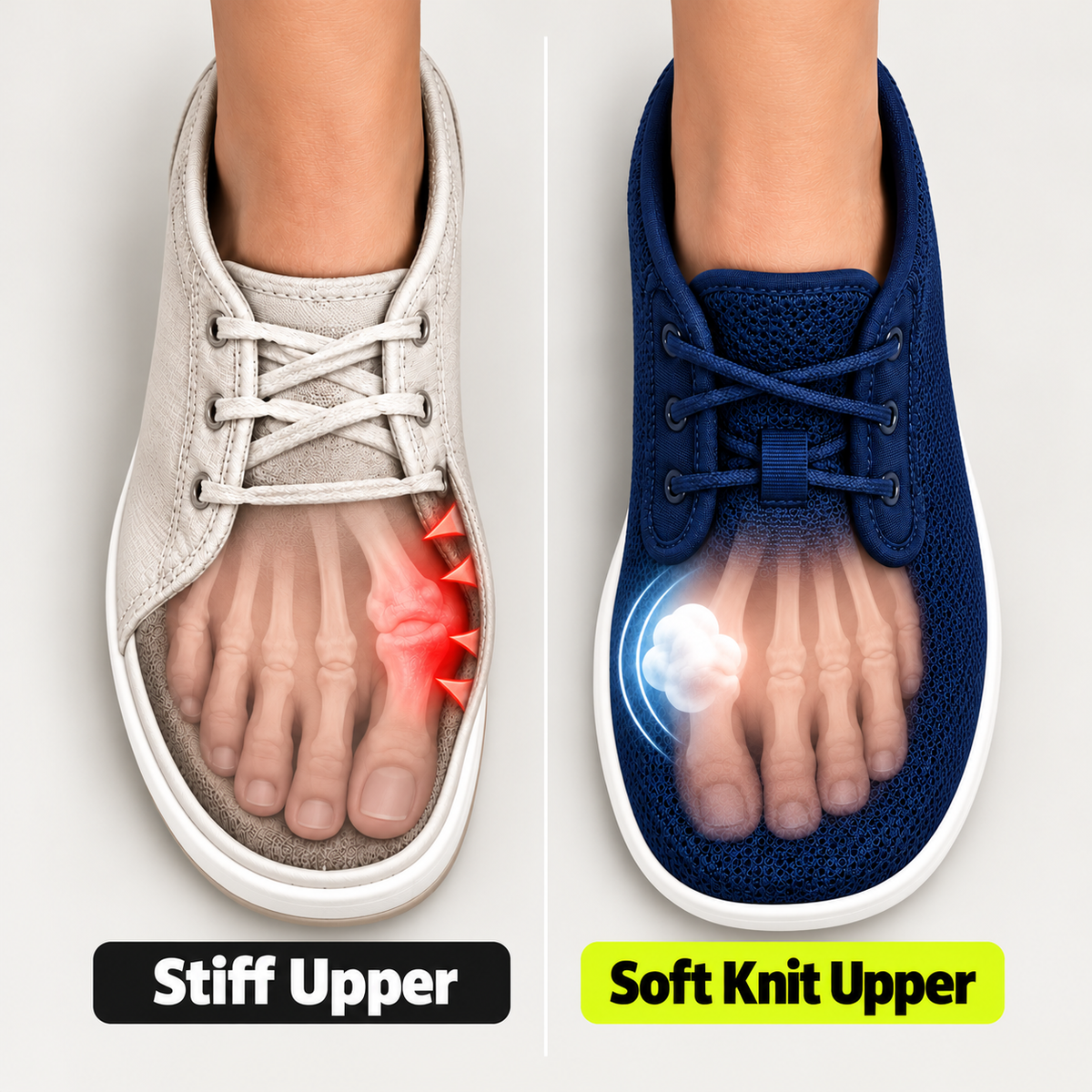 Stiff shoe material compared with soft knit fabric around the bunion